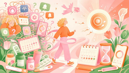 Illustration of a woman walking hopefully toward a glowing symbol of conception, surrounded by fertility trackers, calendars, and questions, in pink, green, and orange